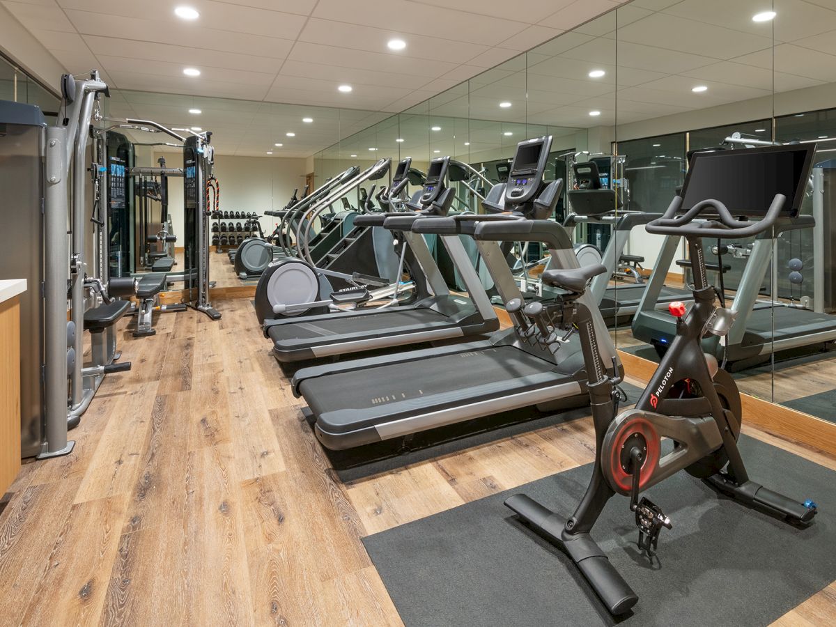 A modern gym room with treadmills and weight machines lined up under bright ceiling lights.
