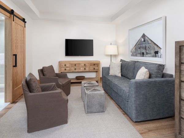 Bright living room with gray sofa, armchairs, a TV on a wooden console, lamp, and a framed barn picture by a window.