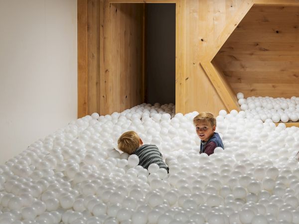Two boys play in a white ball pit inside a wooden indoor play area.