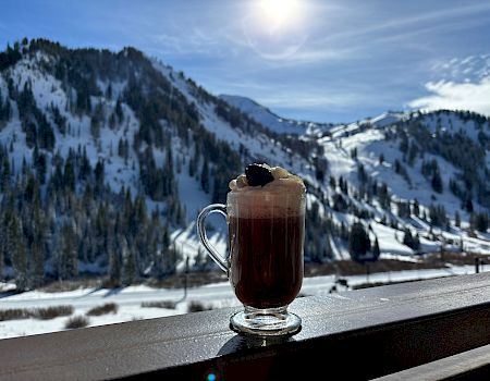 A glass mug of dark hot drink topped with fruit rests by a snowy mountain view, under bright winter skies.